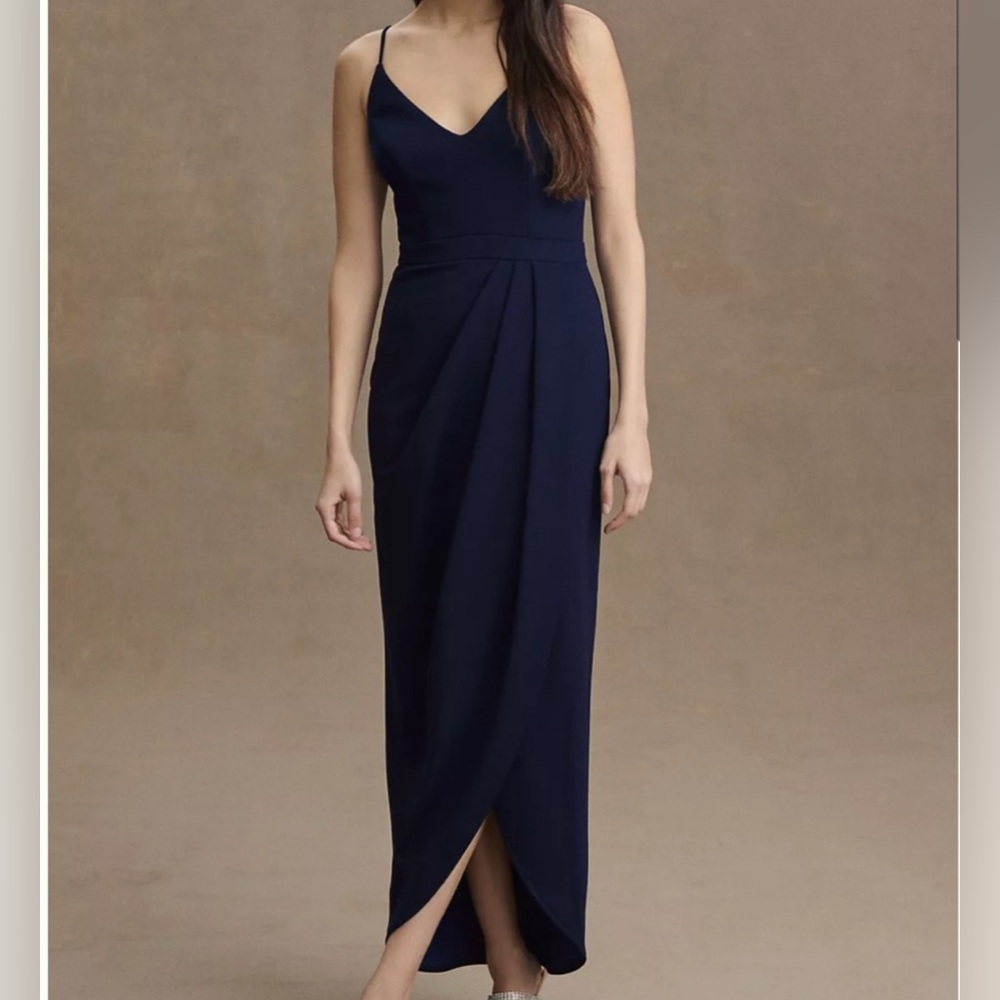 BHLDN Lyra V- Faux Wrap MIDI Dress - Anthropologie - Navy Blue
